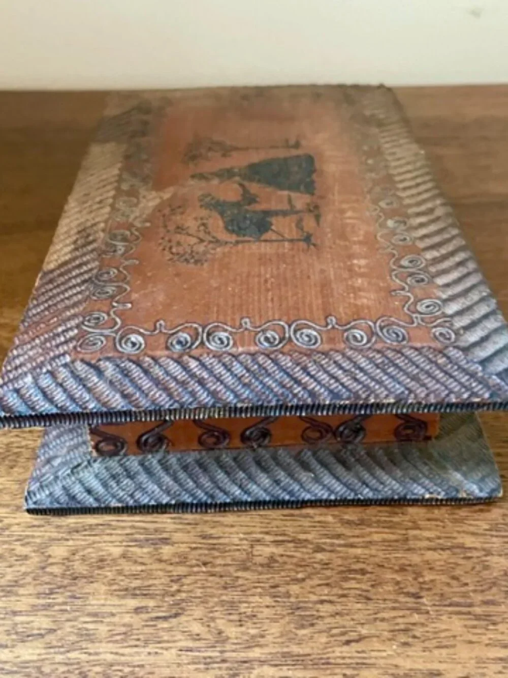 Antique 1910 Primitive Wood Candy Box Courting Couple on Lid - Burned Sillhoute